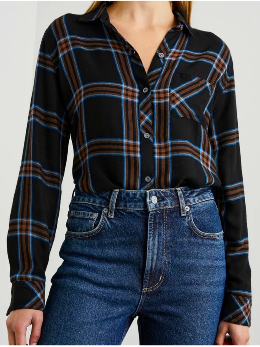 Rails Black Plaid Button-Up Flannel Shirt- Blue & Brown Detail Medium